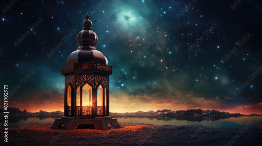 Lanterns stands in the desert at night sky, lantern islamic Mosque, crescent moon Ramadan Kareem themed illustration background Lanterns stands in the desert at night sky, lantern islamic Mosque, crescent moon Ramadan Kareem themed illustration background