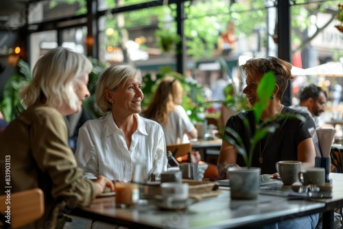 Mature businesswomen talking and drinking coffee in a cafe. Selective focus.