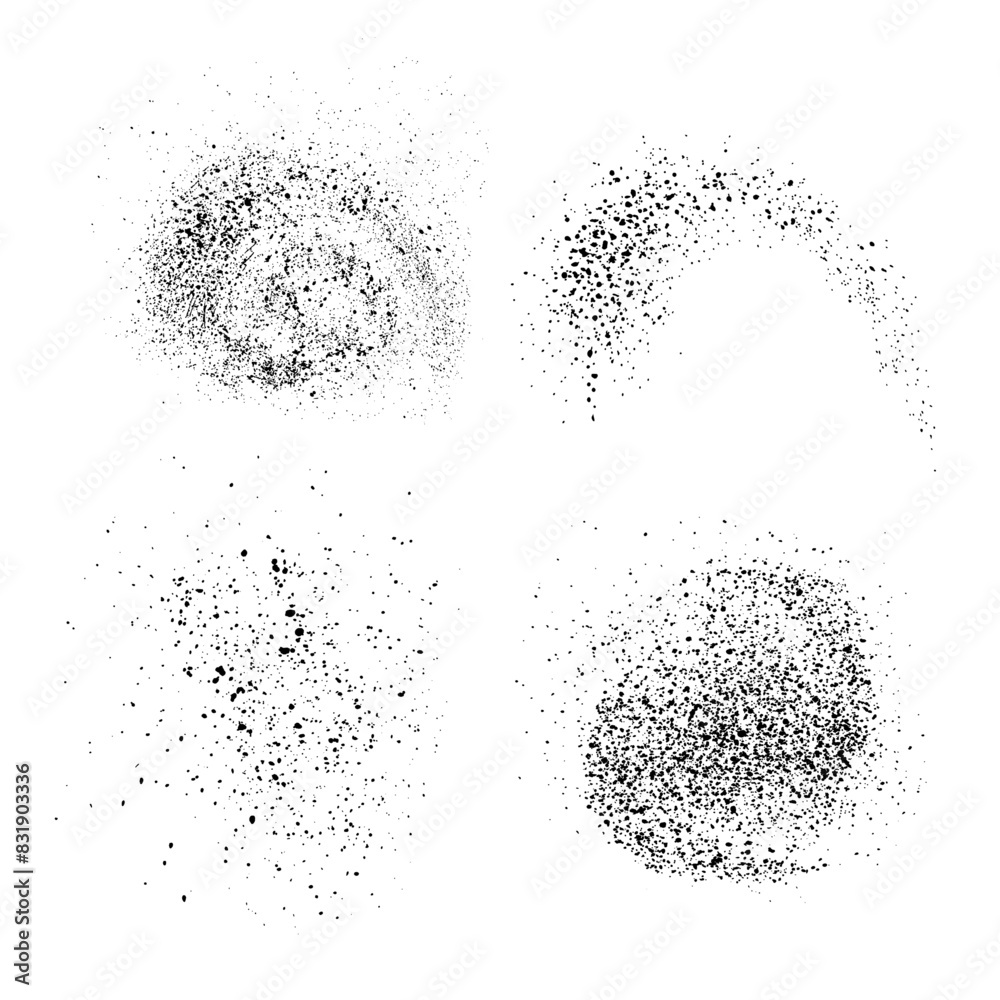 Set of splashes. Texture of black dots in the shape of a spiral, arc, fireworks. Abstract sand effect, gradient of dots isolated on white background. Vector illustration. Set of splashes. Texture of black dots in the shape of a spiral, arc, fireworks. Abstract sand effect, gradient of dots isolated on white background. Vector illustration.