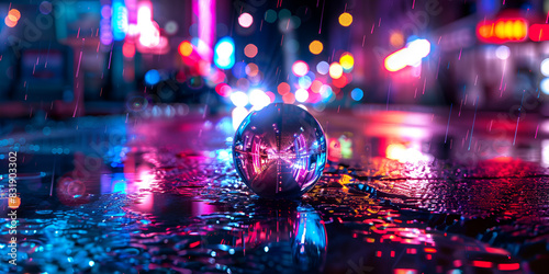 A snapshot of a disco ball reflecting colorful lights on a dance floor.