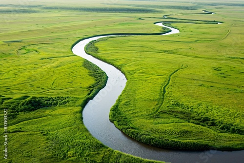 Aerial perspective of a winding river weaving through endless grasslands, minimalism in composition, high-definition quality