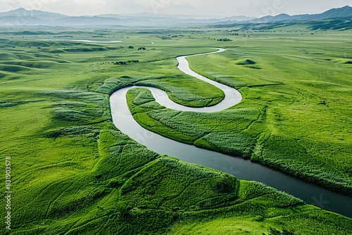 Aerial perspective of a winding river weaving through endless grasslands, minimalism in composition, high-definition quality