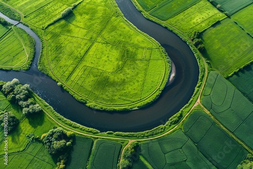 aerial, perspective, winding, river, weaving, through, endless, grasslands, minimalism, composition, quality