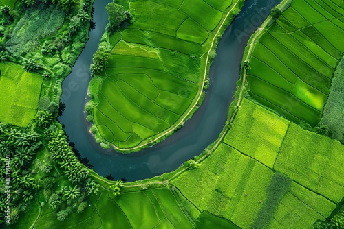 aerial, perspective, winding, river, weaving, through, endless, grasslands, minimalism, composition, quality