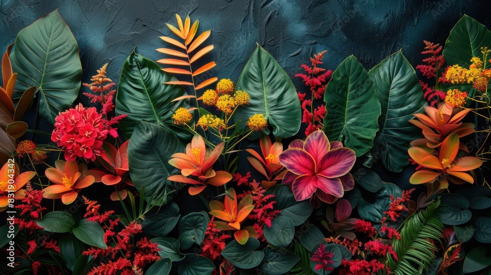 many brightly colored tropical plants are on a black wall many brightly colored tropical plants are on a black wall