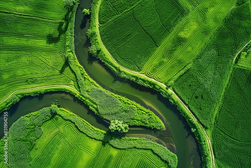 aerial, perspective, winding, river, weaving, through, endless, grasslands, minimalism, composition, quality