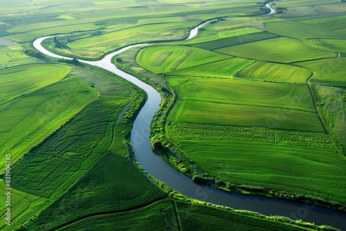 aerial, perspective, winding, river, weaving, through, endless, grasslands, minimalism, composition, quality
