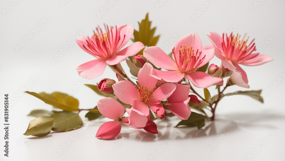  pink flowers on a branch with green leaves against a white background.