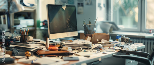 Chaotic workplace with an overflowing desk of clutter in warm, sunny room.