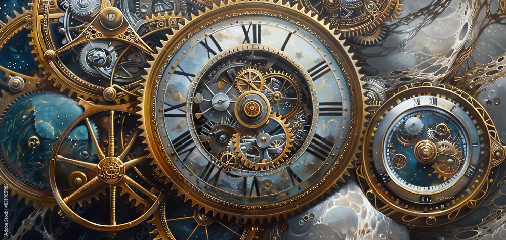 Obraz premium Craft a photorealistic oil painting showcasing the intricate gears and mechanisms of a celestial clock, symbolizing the precision and beauty of the universe