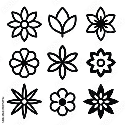 Set of Solid black outline Flower vector line icon design