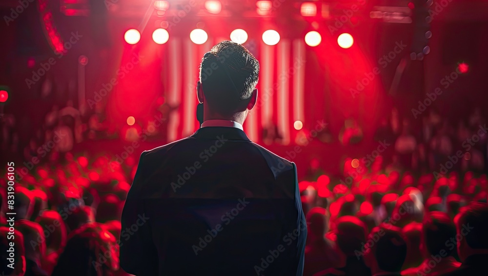 a image of a man in a suit standing in front of a crowd a image of a man in a suit standing in front of a crowd