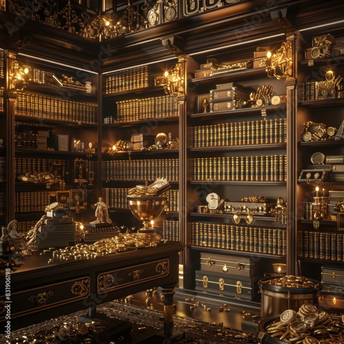 A grandiose bookshelf filled with gold bars