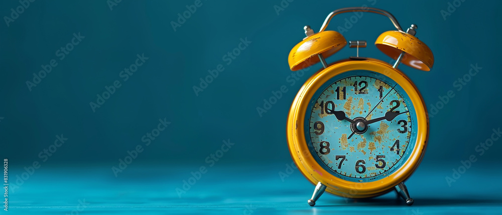 classic alarm clock in yellow color on a blue background with copy space