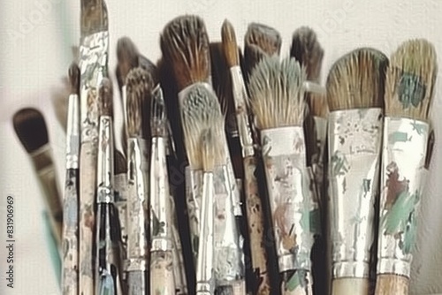 A close-up image of used paintbrushes with visible bristles and paint residues photo