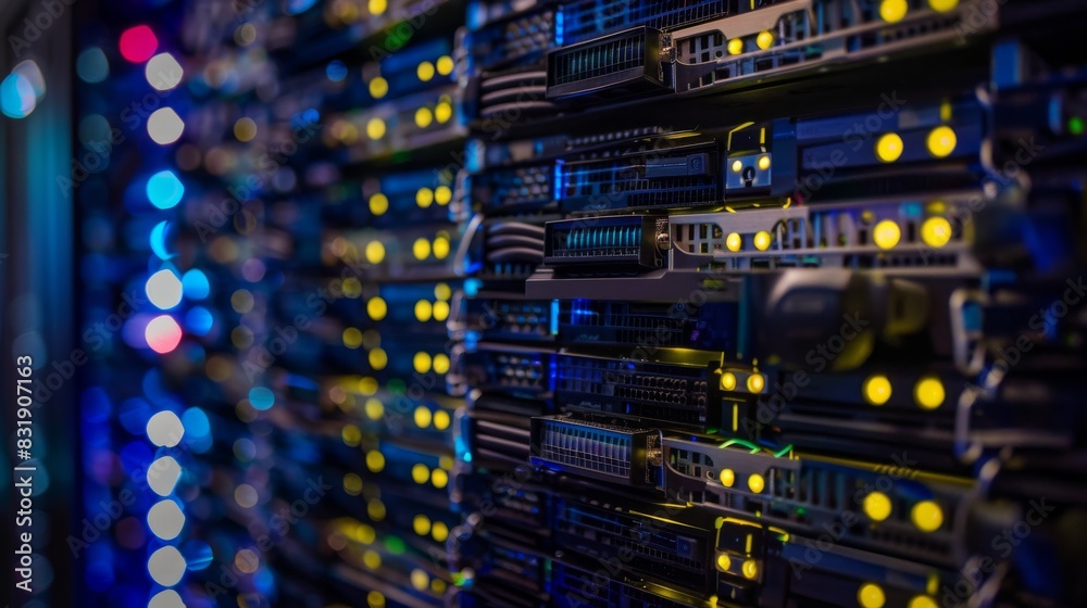 Close-up of server equipment with illuminated cables indicating high-tech networking