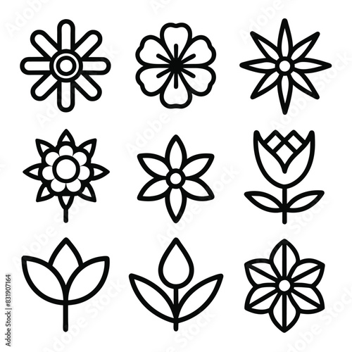 Set of Solid black outline Flower vector line icon design