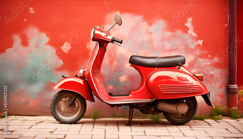 Fototapeta Naklejka Na Ścianę i Meble -  Close-up of an Italian vintage old-fashioned red motor scooter (motor scooter), parked against a red wall with copy space. Generative Ai.
