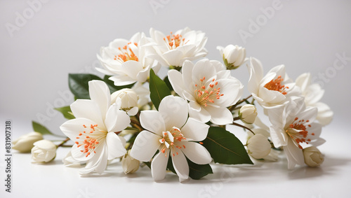 A bouquet of white jasmine flowers with orange centers.  