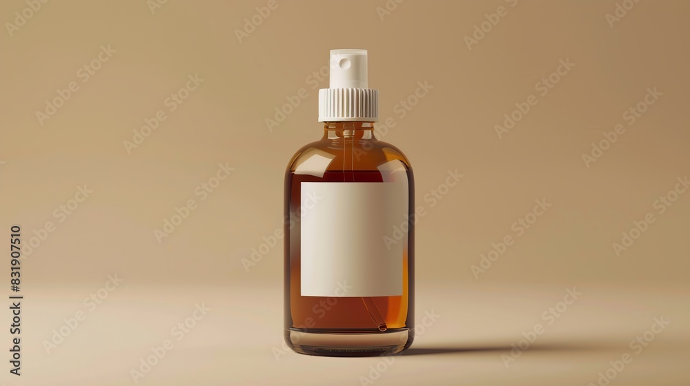 Cosmetic mockup transparent amber spray bottle with clear color liquid inside, with blank white label, product 3d render, blender render, cycles render. copy space for text.