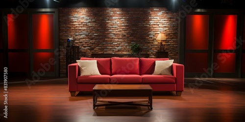 Vacant talk show set with empty sofa and stage lighting. Concept Talk Show Set, Empty Sofa, Stage Lighting, Vacant, Entertainment photo