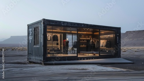 Fototapeta Naklejka Na Ścianę i Meble -  a small pop up street clothing shop that resembles a black cargo shipment box on an alien desert