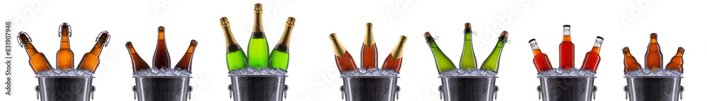 Metal champagne ice buckets with set of beer isolated on a white background Metal champagne ice buckets with set of beer isolated on a white background