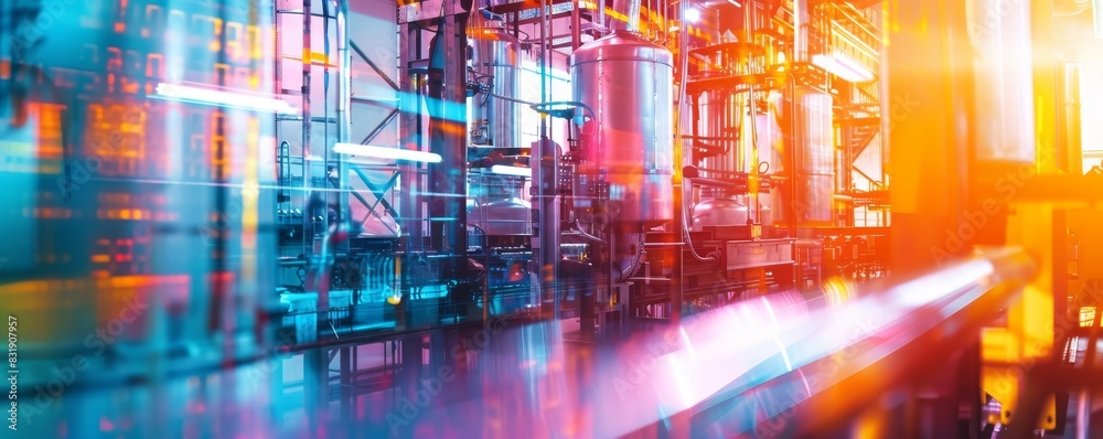 Fototapeta premium Hightech production facility close up, focus on, copy space, vibrant colors, Double exposure silhouette with machinery