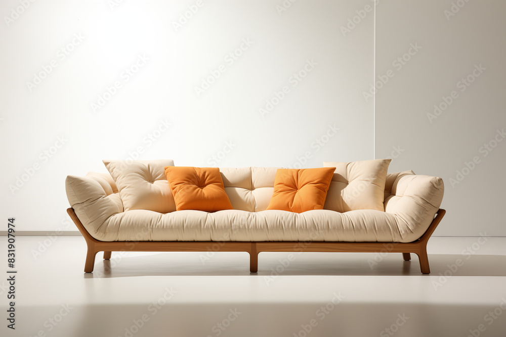 Fototapeta premium Modern threeseater sofa with orange pillows in a bright room
