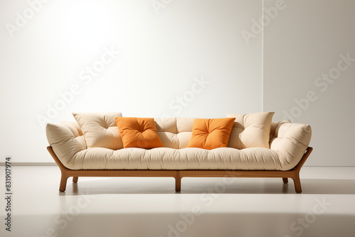 Modern threeseater sofa with orange pillows in a bright room photo