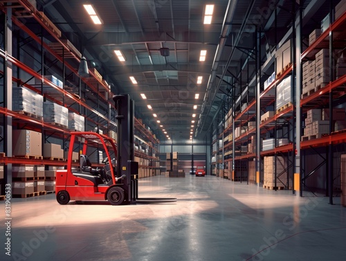 Wide-angle view of a modern warehouse, forklift moving pallets, photorealistic detail, industrial lighting, organized shelves, dynamic perspective, HDR finish