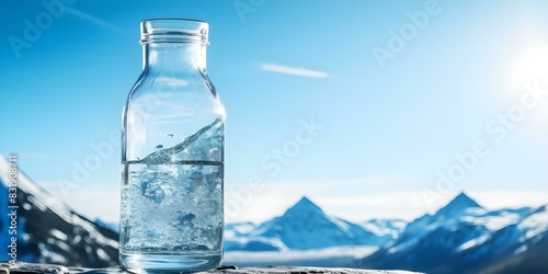 Pouring mineral water into glass against snowy mountain backdrop fresh and natural. Concept Photoshoot Composition, Hydration and Wellness, Mountain Adventure, Winter Elegance, Outdoor Lifestyle