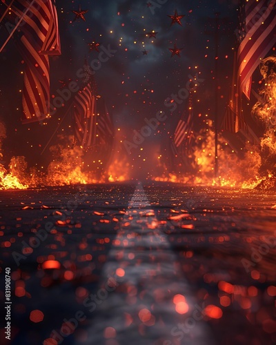 A tarmac zwift road heading through a banner full of american flags and stars On each side of the road should be lava and hellfire There should be flashing lights and a deep red gl photo