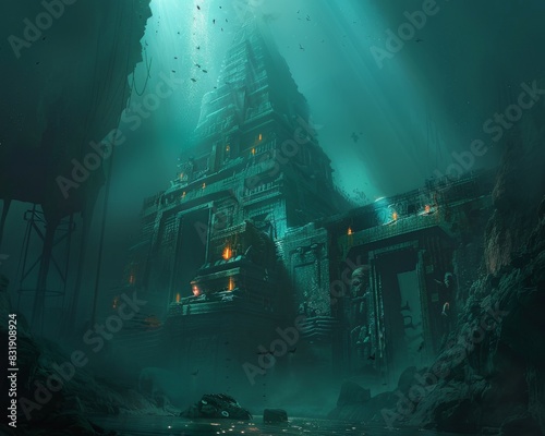 Imagine an underwater scene with sunken alien ruins glowing softly in the depths Convey a sense of eerie beauty and ancient technology awaiting discovery