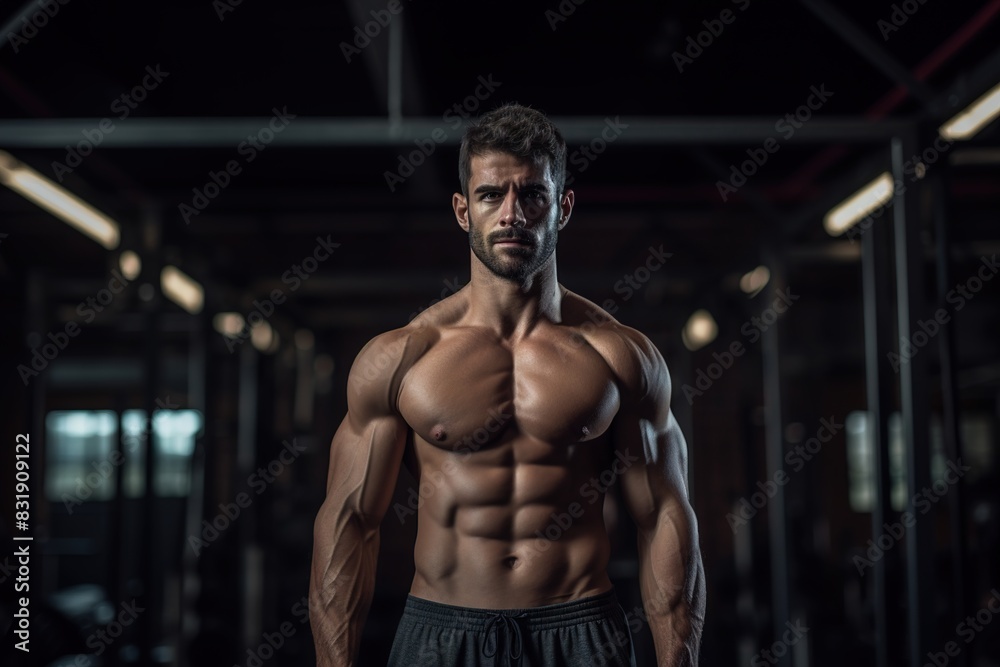 A man with a muscular body is standing in a gym A man with a muscular body is standing in a gym