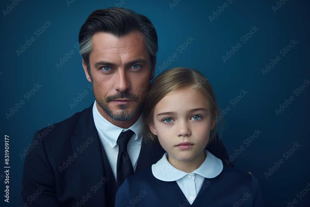 A man and a girl are posing for a picture A man and a girl are posing for a picture