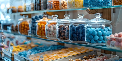 Indoor candy store with assorted sweets displayed in glass jars on shelves. Concept Candy store interior design, Sweet treats in glass jars, Retail display of colorful candies photo