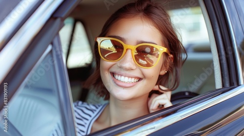 A woman is smiling and wearing sunglasses while sitting in a car. Scene is happy and carefree
