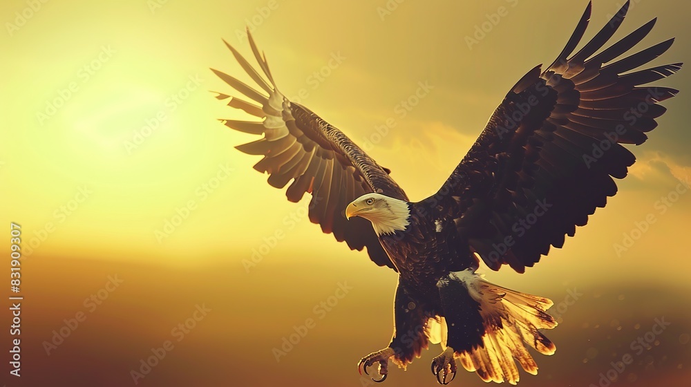 Obraz premium front view shot of a bald eagle flying with open claws in a golden clear sky. copy space for text.