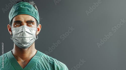A man in a green scrub suit with a green mask on his face photo