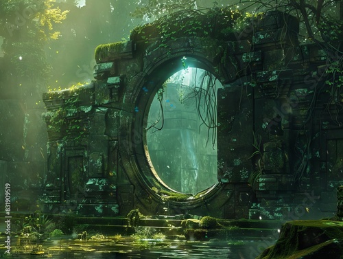 Craft an otherworldly portal shimmering with iridescent light amidst ancient  moss-covered ruins