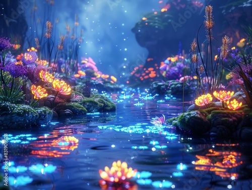 Dynamic 3D render of bioluminescent ecosystems, depicting a mysterious underwater world filled with luminous plants and creatures, capturing the beauty and wonder of nature in a 4:3 aspect ratio. photo