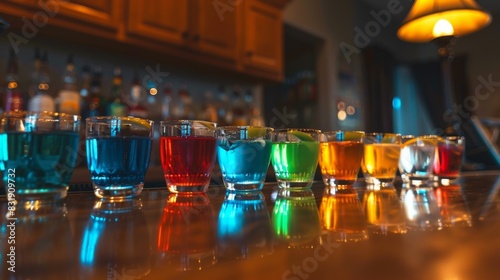 A bar with a variety of drinks including a blue drink, a pink drink, a red drink, and a green drink photo