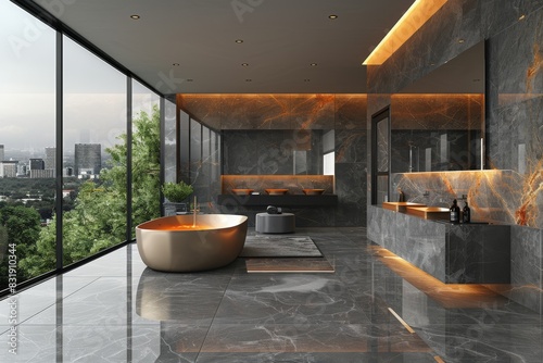 Modern bathroom with dark tiles and warm lighting  featuring large windows and city views