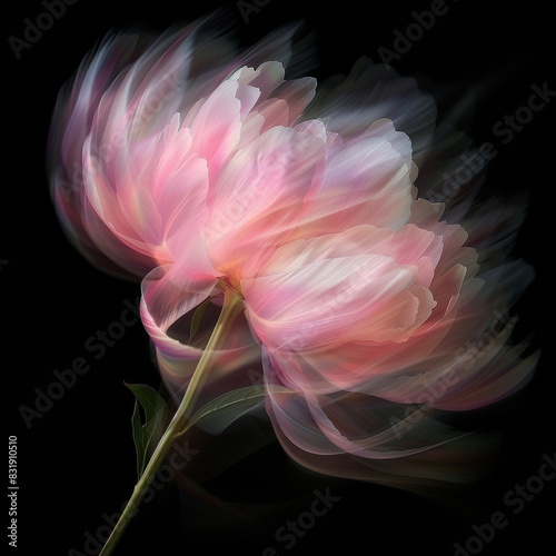 A pink peony flower captured in motion blur, black background