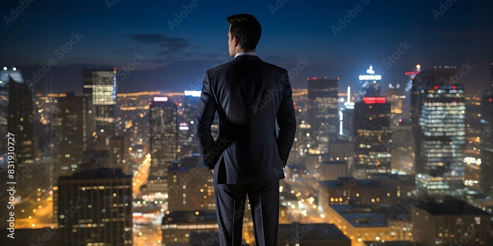 A businessman in a suit gazes at city lights from a rooftop. Concept Urban Lifestyle, Business Professional, Cityscape Views, Corporate Portrait, Night Time Scene A businessman in a suit gazes at city lights from a rooftop. Concept Urban Lifestyle, Business Professional, Cityscape Views, Corporate Portrait, Night Time Scene