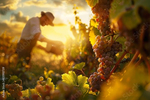 Sunset vineyard scene with a farmer harvesting ripe grapes, bathed in golden light, showcasing nature's beauty and agricultural work. photo