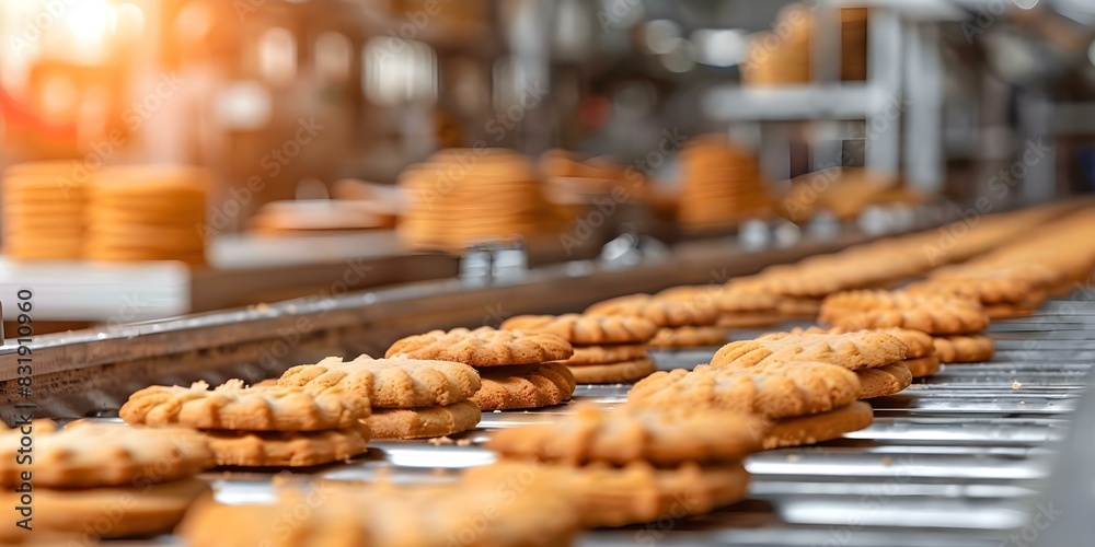 Cookie production line with conveyor belt in busy confectionery factory. Concept Confectionery Production, Cookie Factory, Conveyor Belt System, Manufacturing Process, Automated Production Line Cookie production line with conveyor belt in busy confectionery factory. Concept Confectionery Production, Cookie Factory, Conveyor Belt System, Manufacturing Process, Automated Production Line
