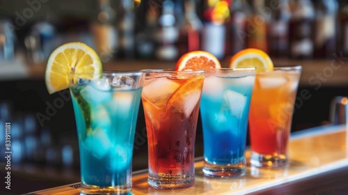 A bar with a variety of drinks including a blue drink  a pink drink  a red drink  and a green drink