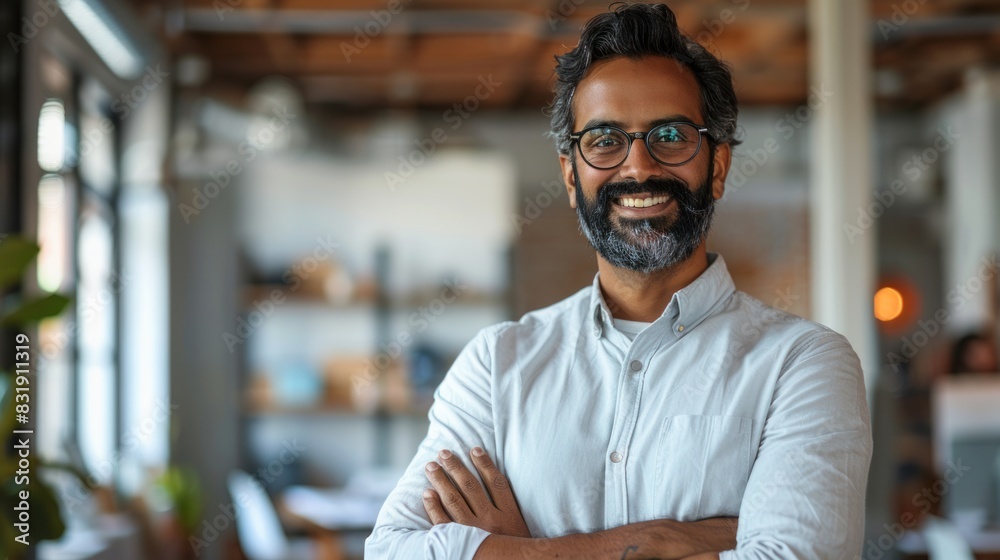 Portrait of an Indian man that captures the essence of a successful businessman's journey within the lively atmosphere of a modern startup office.